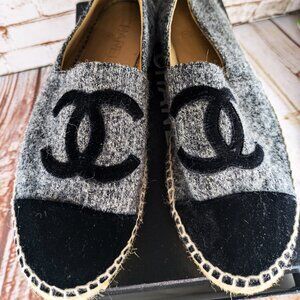 CHANEL Gray and Black Espadrille flats, Lightly Used Women's Shoes Size 8.5